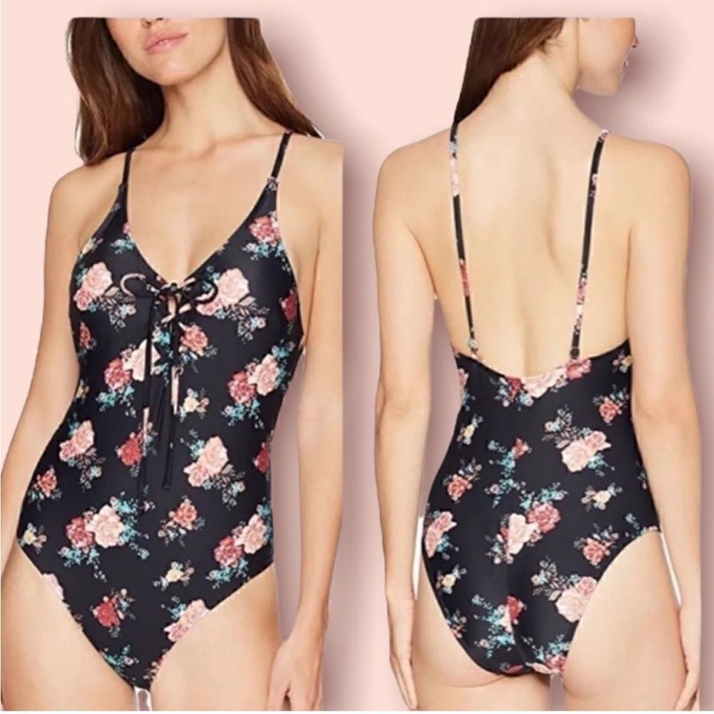 🌺3 FOR $20🌺 - Mae Soft Floral One Piece Swimsuit M Floral Lace Up Black Pink